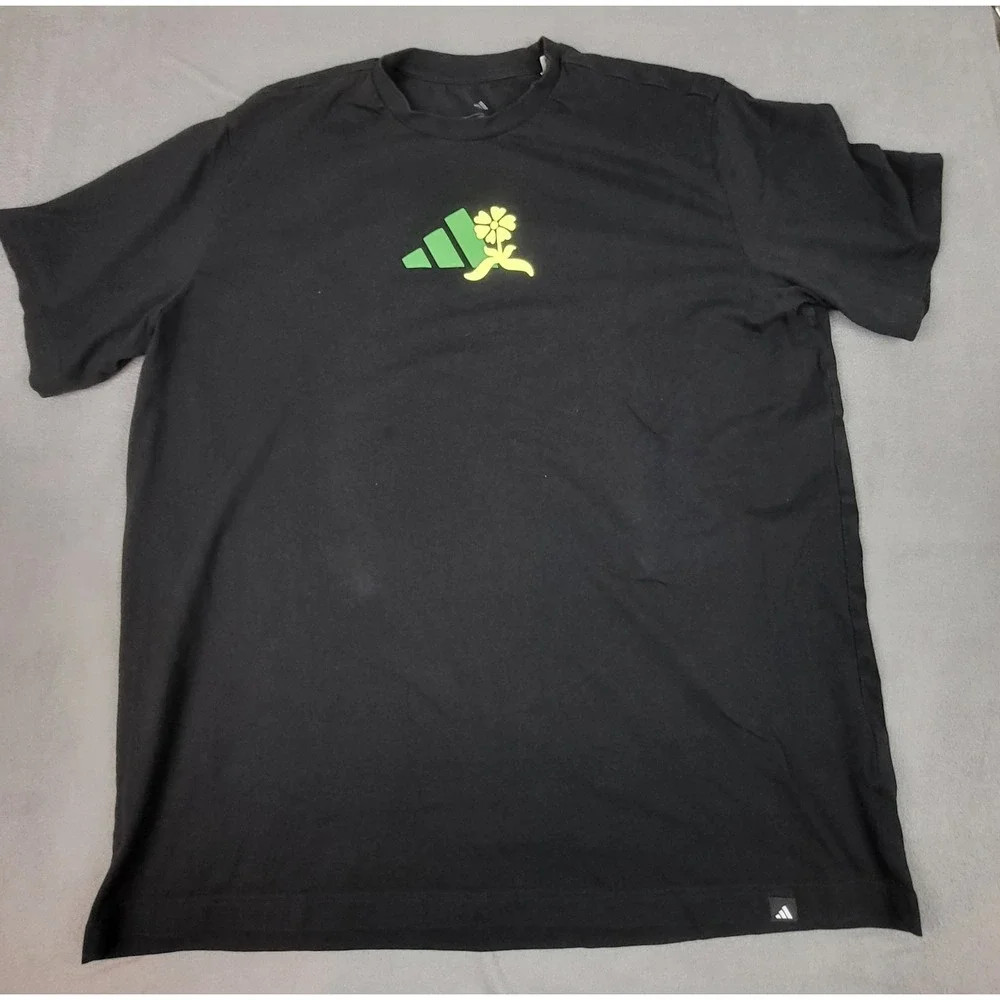 Adidas Black Flower Logo‎ T-Shirt Mens XL Shamrock Trefoil Graphic Short Sleeve